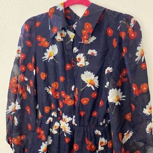 ALICE + OLIVIA Navy Floral Silk Balloon Shear Sleeve Dress